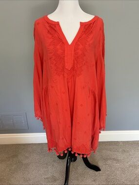 Sundance Nikkia Soft Orange Embroidered Pom-Pom Tunic/Coverup.